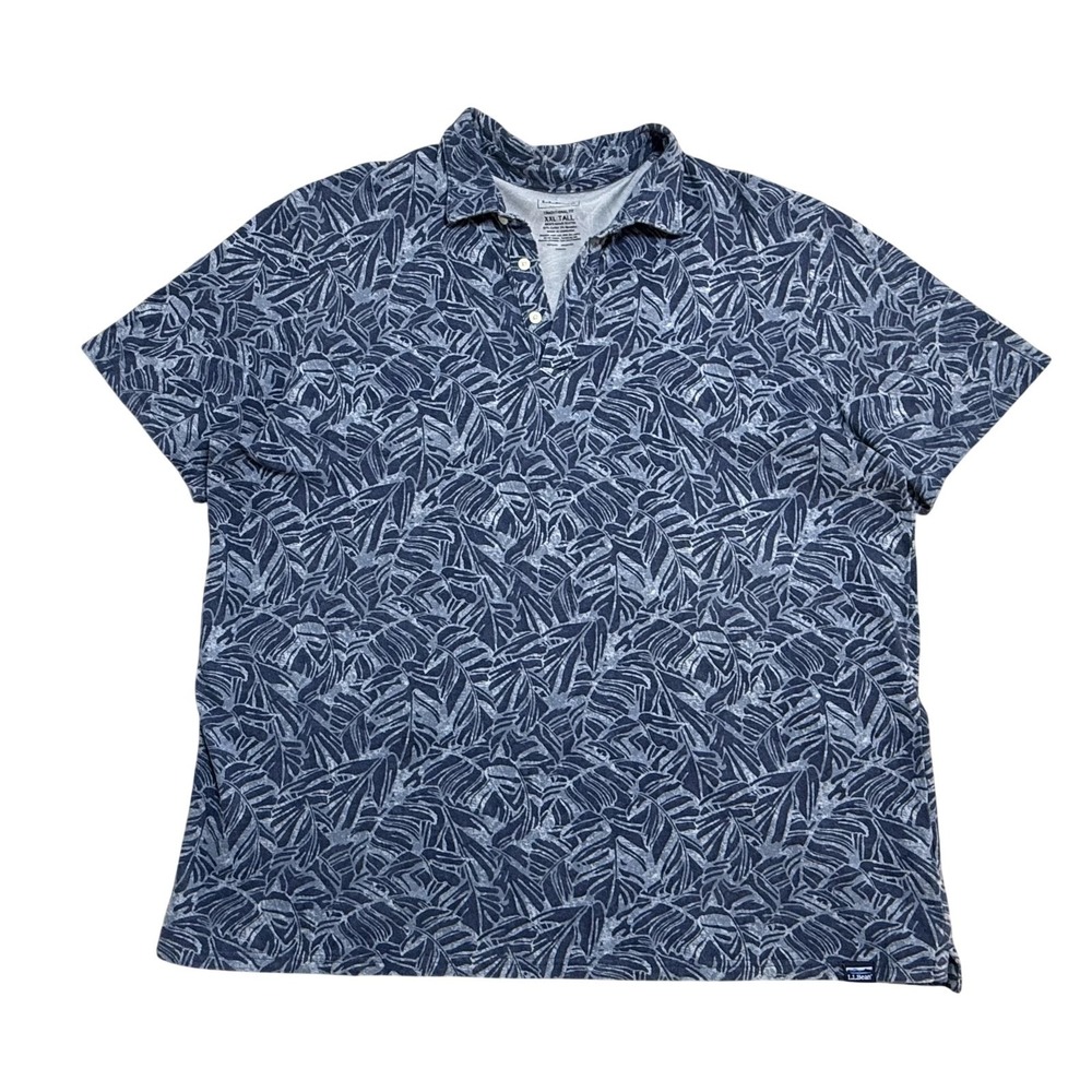 L.L.Bean Polo Shirt Mens 2XLT Blue Leaf Print Traditional Fit‎ Stretch Knit